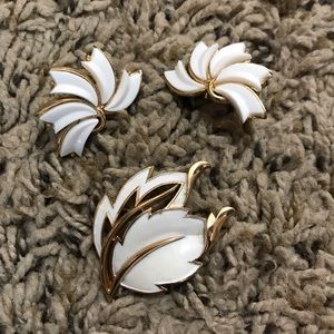 White Clip-On Earrings & Brooch